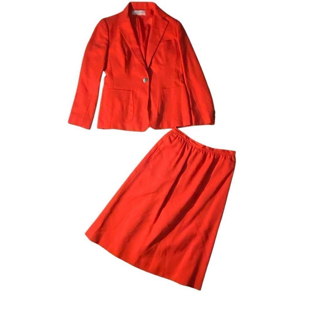 Vintage Evan Picone Linen Lined Red 2 piece Jacket Pockets Suit 10 12 Union Made